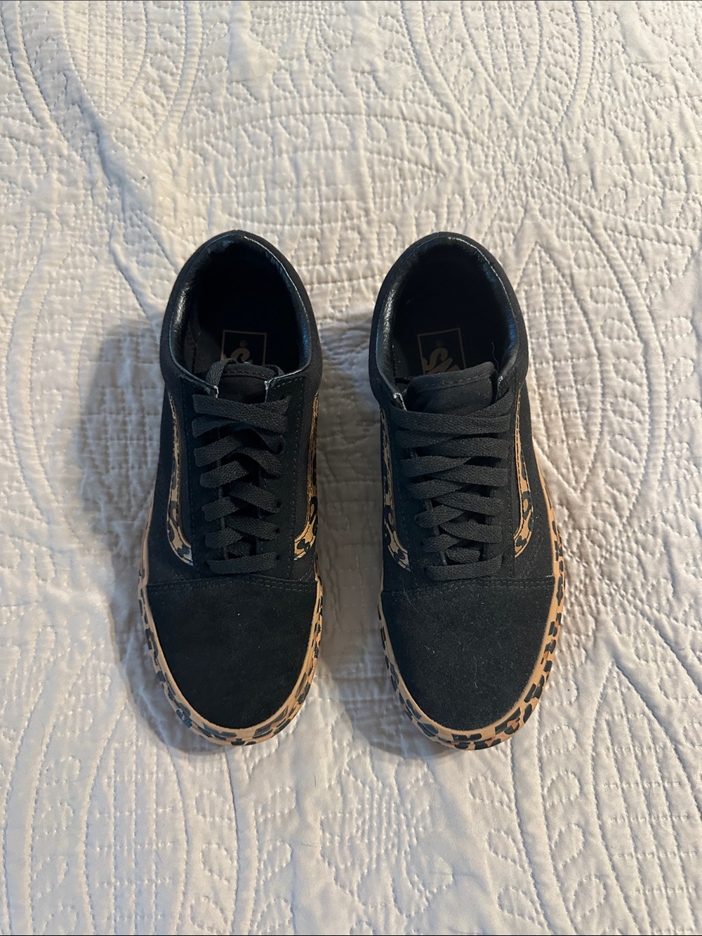 Vans Black Canvas Sneakers with Tan Leopard Platform - Picture 3 of 4